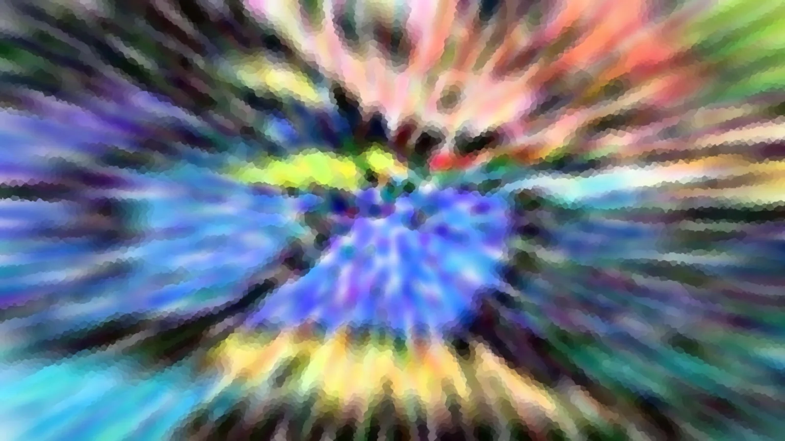 Abstrakte, radial verwischte Farbexplosion mit blauem Zentrum und pink, gelb und grün leuchtenden Strahlen, pixelig strukturiert.