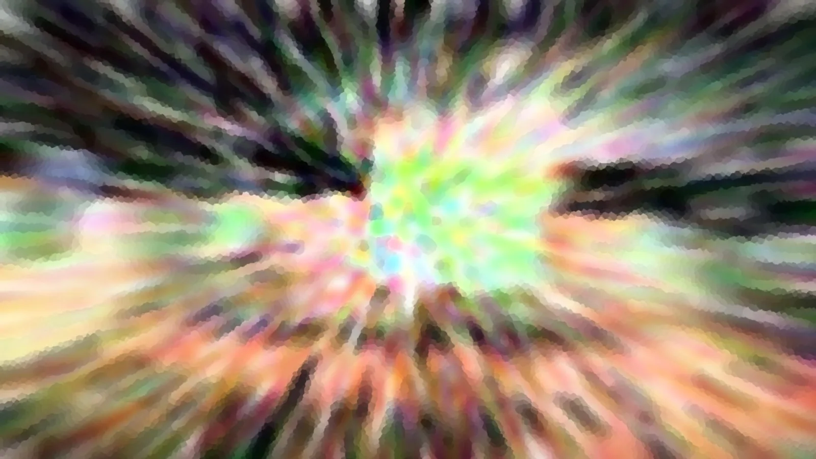 Abstraktes Bild mit radialen, unscharfen Streifen in Grün, Rosa, Orange und Dunkelgrau, die vom hellen Zentrum nach außen laufen.