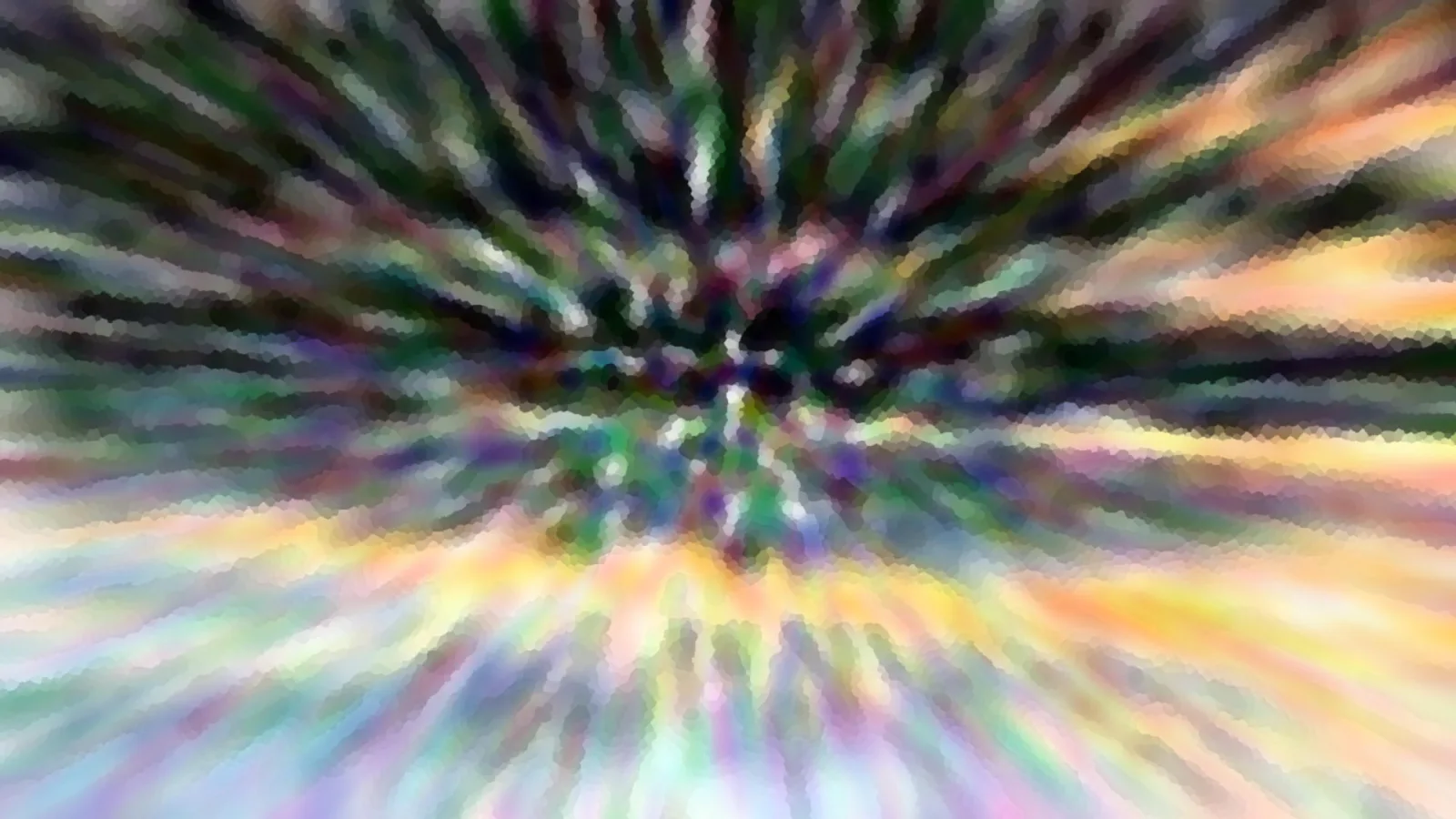 Abstrakte Komposition aus bunten, radial von einem dunklen Zentrum auseinanderlaufenden Streifen mit pixeligem Muster.