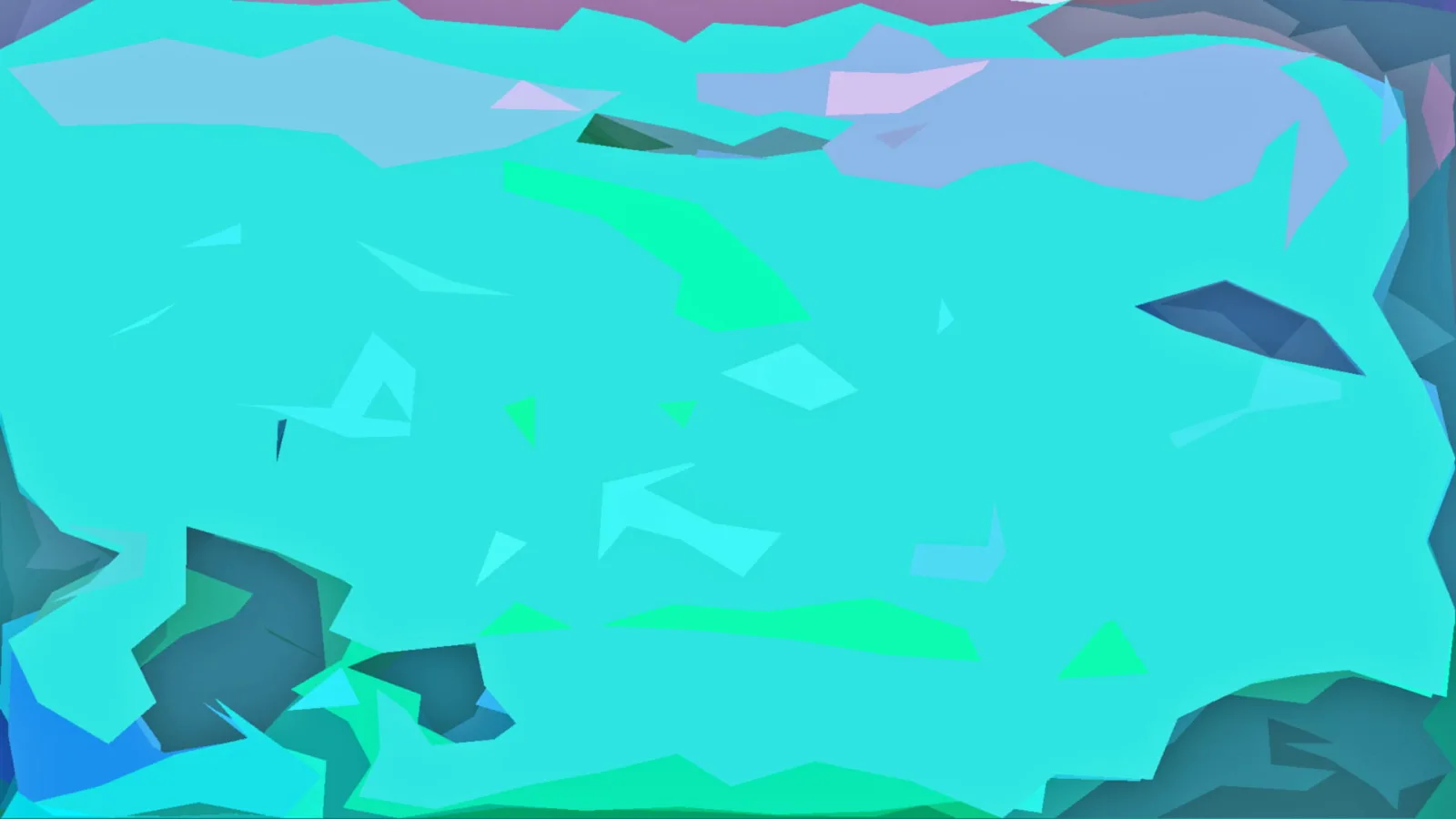 Abstrakte Komposition aus türkisen, grünen und blauvioletten Polygonflächen, am Rand dunkler und dichter.