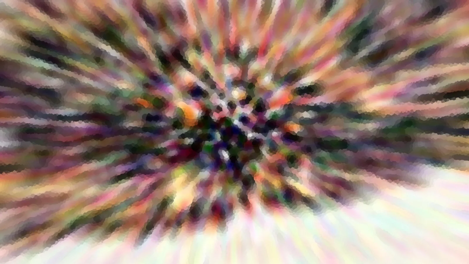Abstraktes Bild mit einem Zentrum aus dunklen und bunten Flecken, von dem sich Farbstreifen in alle Richtungen ziehen. Rosa, Grün, Gelb und Violett dominieren, unten rechts wird es heller.