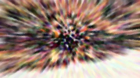 Abstraktes Bild mit einem Zentrum aus dunklen und bunten Flecken, von dem sich Farbstreifen in alle Richtungen ziehen. Rosa, Grün, Gelb und Violett dominieren, unten rechts wird es heller.