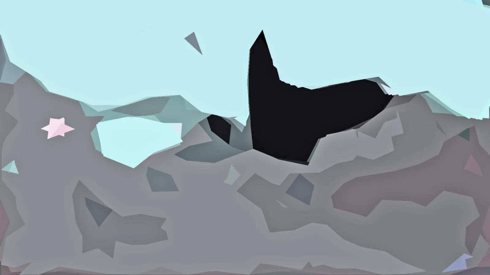 Abstrakte Komposition aus grauen, geometrischen Felsformen unter hellblauem Himmel, mit einer großen schwarzen Fläche in der Mitte und einem kleinen rosafarbenen Stern links.