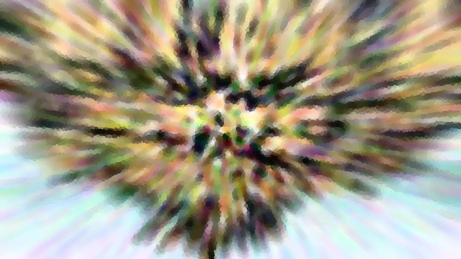 Abstrakte Komposition aus farbigen Streifen, die von einem dunklen Zentrum radial nach außen strahlen, mit einer mosaikartigen Pixelstruktur, an den Rändern in hellem Blau und Weiß.