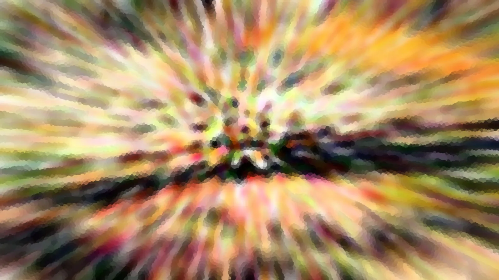 Abstraktes Bild mit bunten, radial von der Mitte ausgehenden Schlieren in Gelb, Orange, Grün und Pink, im Zentrum dunkle Flecken.