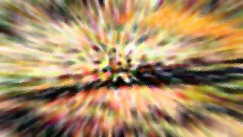 Abstraktes Bild mit bunten, radial von der Mitte ausgehenden Schlieren in Gelb, Orange, Grün und Pink, im Zentrum dunkle Flecken.