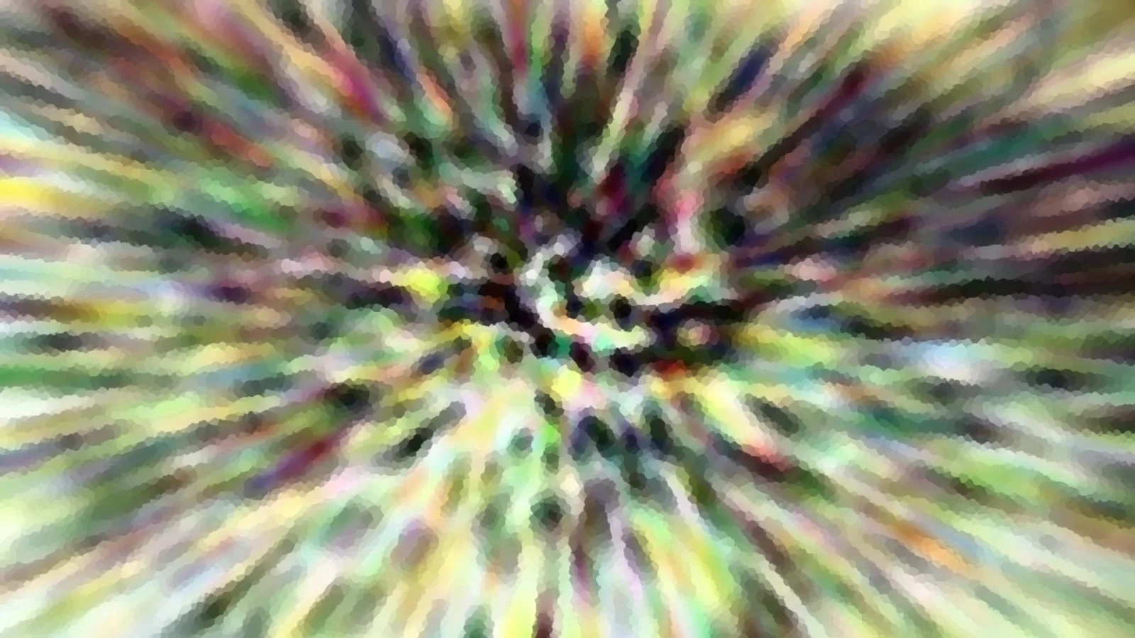 Abstraktes Bild mit radialen, bunten Farbstreifen in Grün, Gelb und Violett, die von einem dunklen Zentrum nach außen laufen.