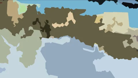 Abstrakte Komposition aus unregelmäßigen Farbflächen in Braun, Olivgrün, Hellblau und Creme, unten dominiert ein großes blaugraues Feld.