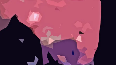 Abstrakte Komposition aus rosa, violetten und hellen kantigen Flächen auf fast schwarzem Grund.