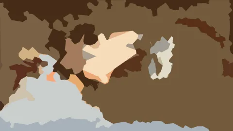 Abstrakte Komposition aus flächigen Formen in Beige, Braun und Graublau auf braunem Grund, im Zentrum eine helle cremefarbene Form.