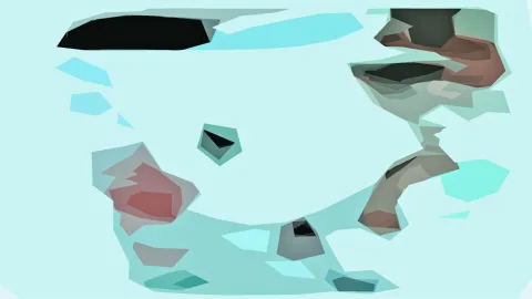 Abstrakte Komposition aus helltürkisen Flächen mit schwarzen, roten und grauen Formen, die sich über einen hellen Hintergrund verteilen.