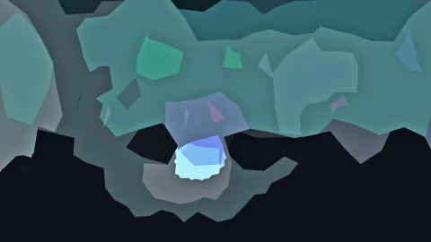 Abstrakte Komposition aus türkisen, grauen und dunklen Polygonflächen mit einem hellblauen Leuchtfleck in der unteren Bildmitte.