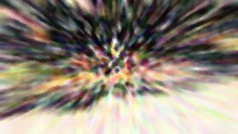 Abstrakte Komposition mit farbigen Streifen, die von einem hellen Zentrum radial nach außen laufen, mit grobem Mosaikraster.