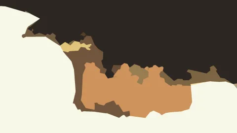 Abstrakte Komposition aus braunen, ockerfarbenen und orangen Flächen vor dunklem Grund und einem cremefarbenen Feld