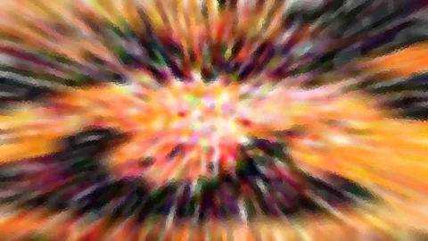 Abstraktes Bild mit radial von der Mitte ausstrahlenden, verwischten Streifen in Orange, Gelb, Pink, Violett und Dunkelgrün.