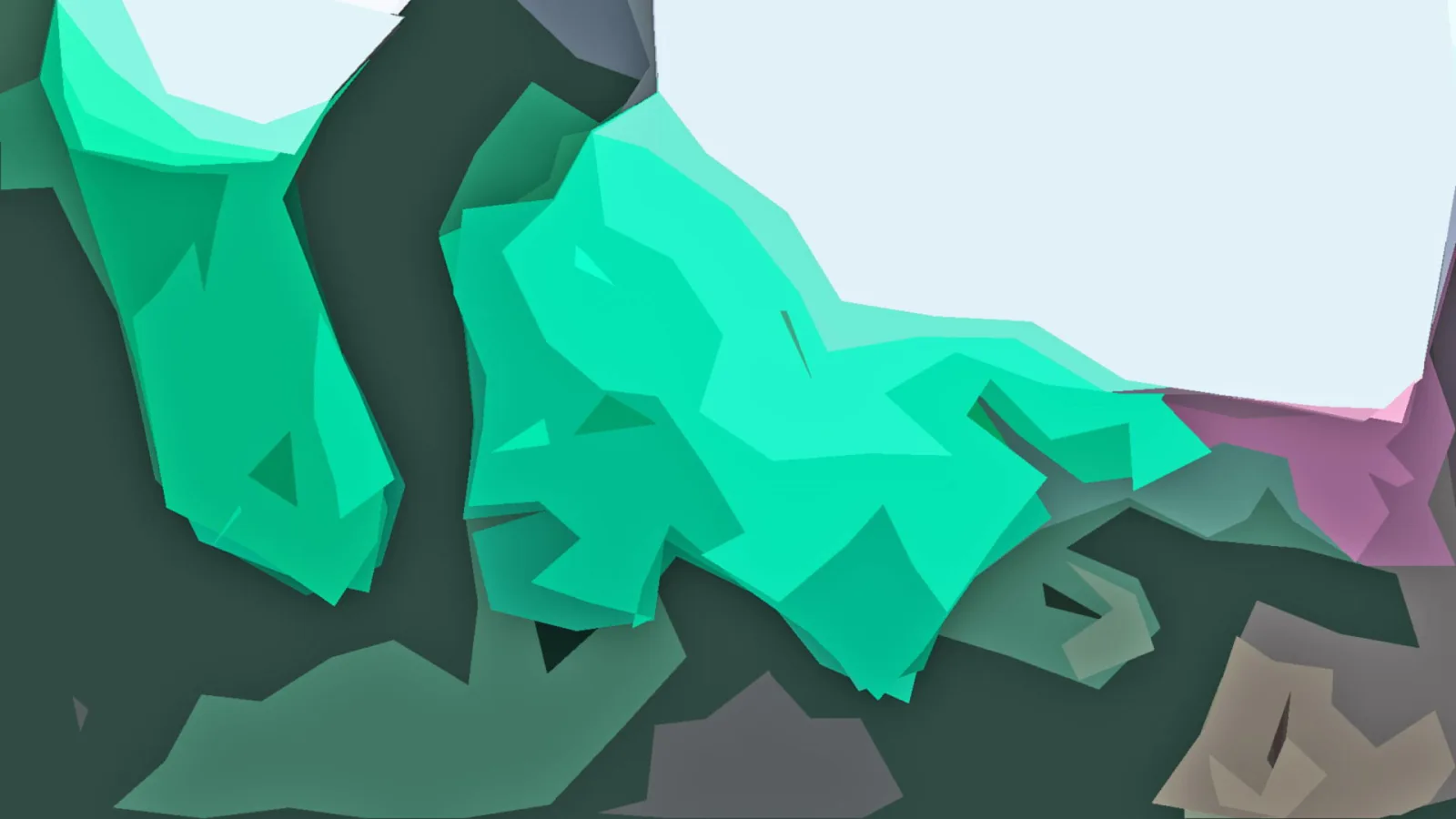Abstrakte Komposition aus grünen und türkisen Polygonen vor hellblauem Hintergrund, rechts oben ein rosa Fleck und unten braune und graue Formen.