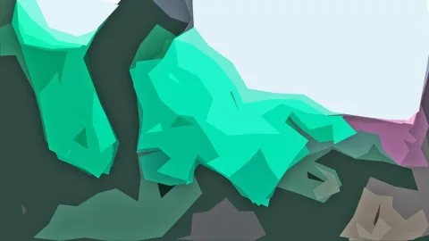 Abstrakte Komposition aus grünen und türkisen Polygonen vor hellblauem Hintergrund, rechts oben ein rosa Fleck und unten braune und graue Formen.