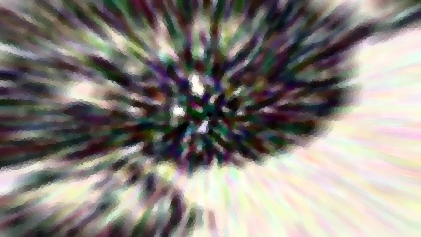 Abstraktes Bild mit radialen, verwischten Farbstreifen in Grün, Violett und Weiß, die von einem dunklen Zentrum nach außen laufen.