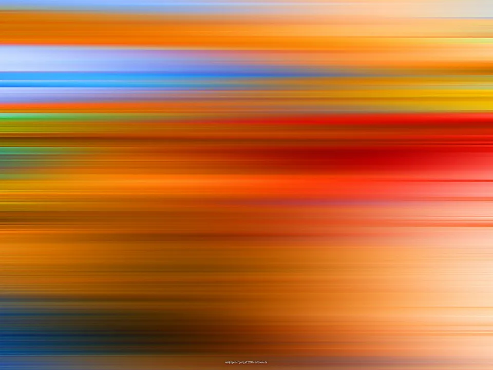 Abstrakte Komposition aus horizontalen, verwischten Farbbahnen in Orange, Rot, Gelb und Blau, die von links nach rechts ineinanderfließen.