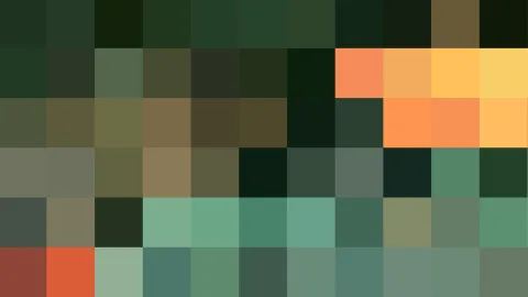 Raster aus großen farbigen Quadraten in Dunkelgrün, Olivbraun, Orange, Gelb und Türkis.