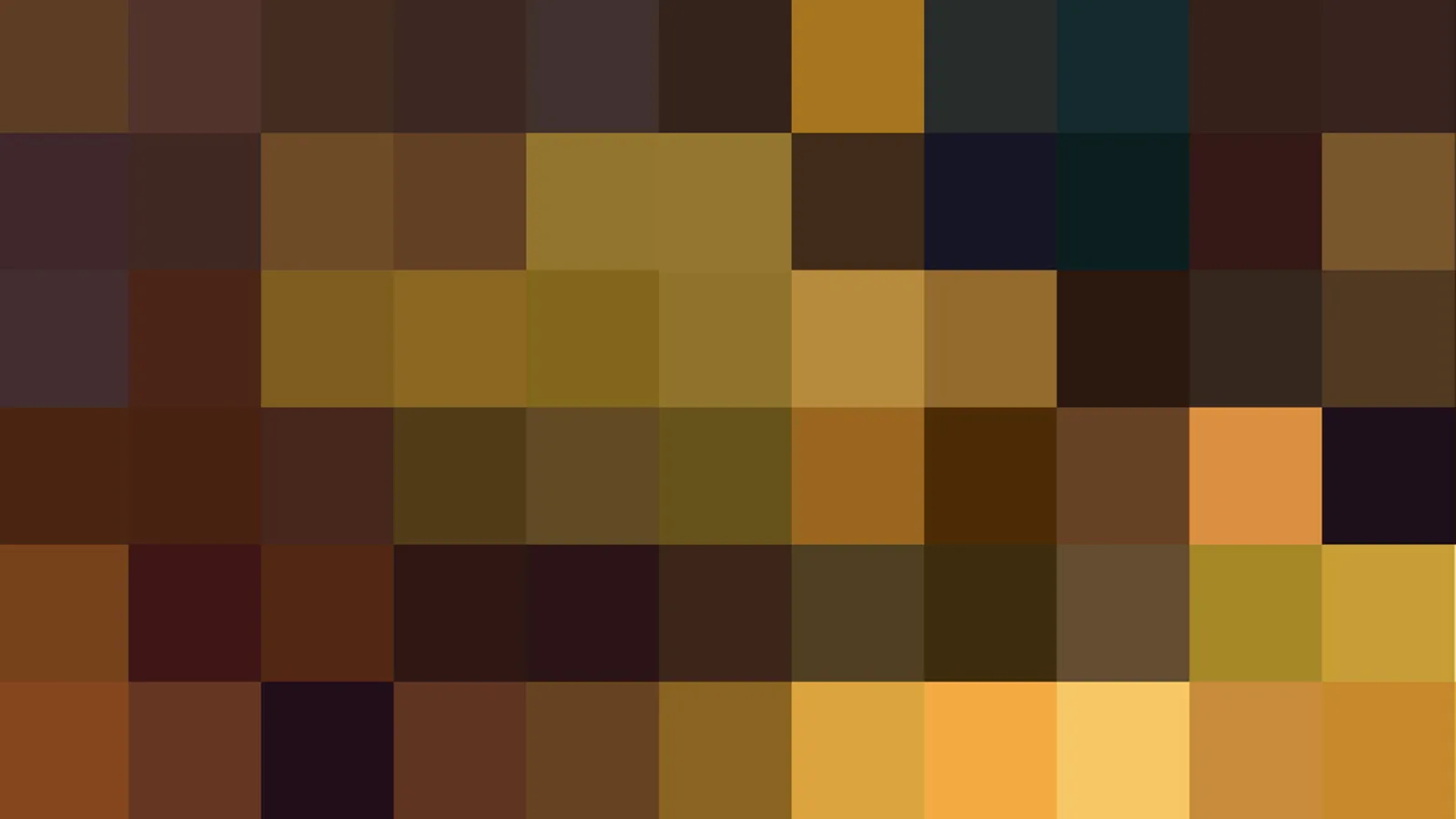 Pixelmosaik aus rechteckigen Blöcken in Braun-, Ocker- und Orangetönen, mit dunkleren Feldern links und rechts.