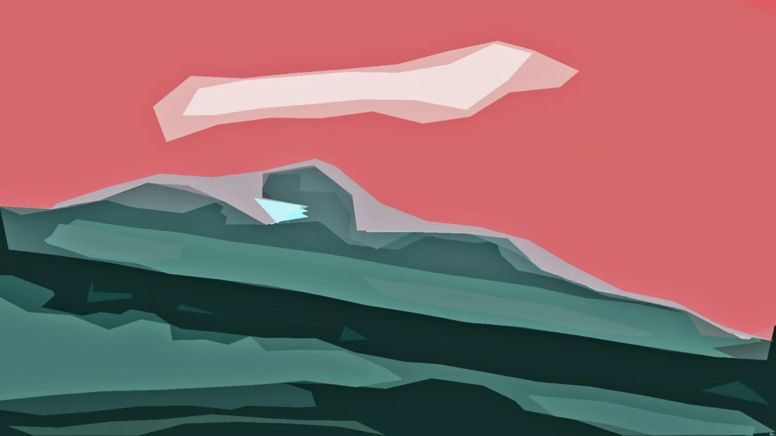 Flächige Landschaft mit grünen und türkisfarbenen Hügelschichten unter einem korallenroten Himmel, darüber eine helle, langgezogene Wolke.