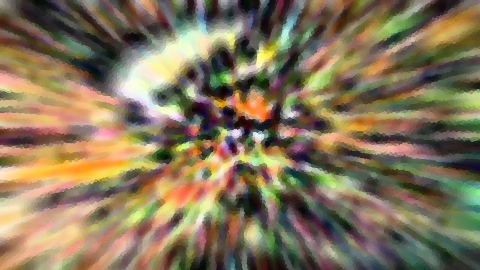 Abstrakte Komposition aus bunten Farbstrahlen, die radial von einem dunklen Zentrum nach außen laufen, mit pixeliger Struktur.