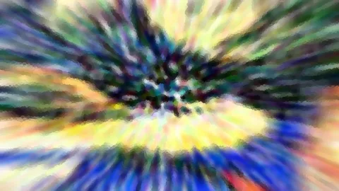Abstraktes Bild mit radial von einem dunklen Zentrum nach außen strahlenden, bunten Streifen in Blau, Gelb, Grün und Weiß, leicht pixelig.