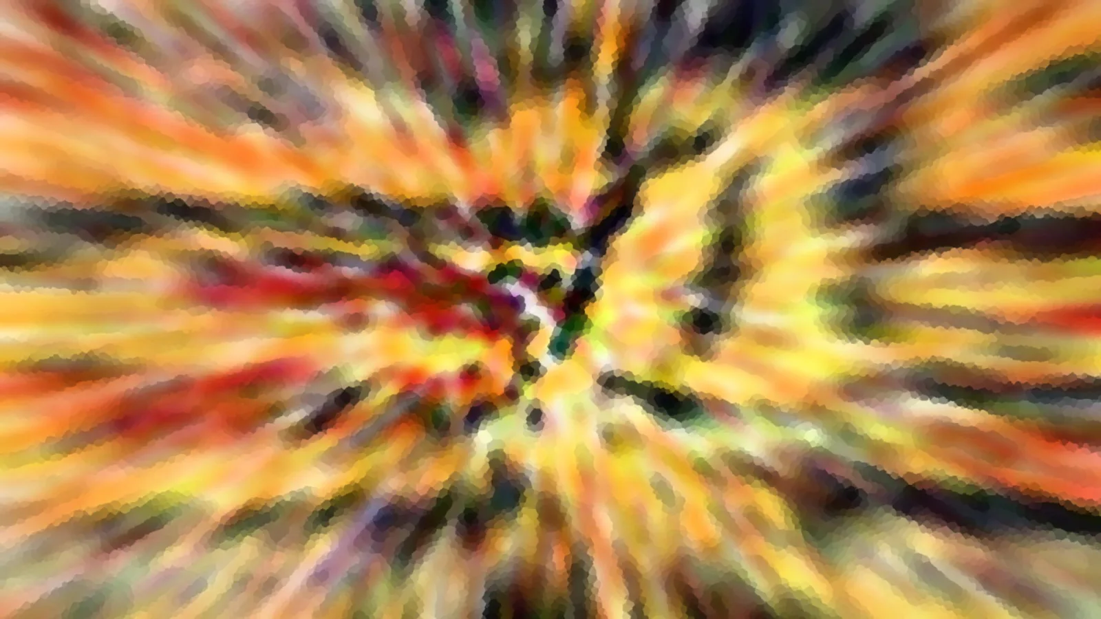 Abstraktes Bild mit radial verlaufenden Streifen in Orange, Gelb und Rot, zur Mitte hin dunkler und pixelig aufgelöst.