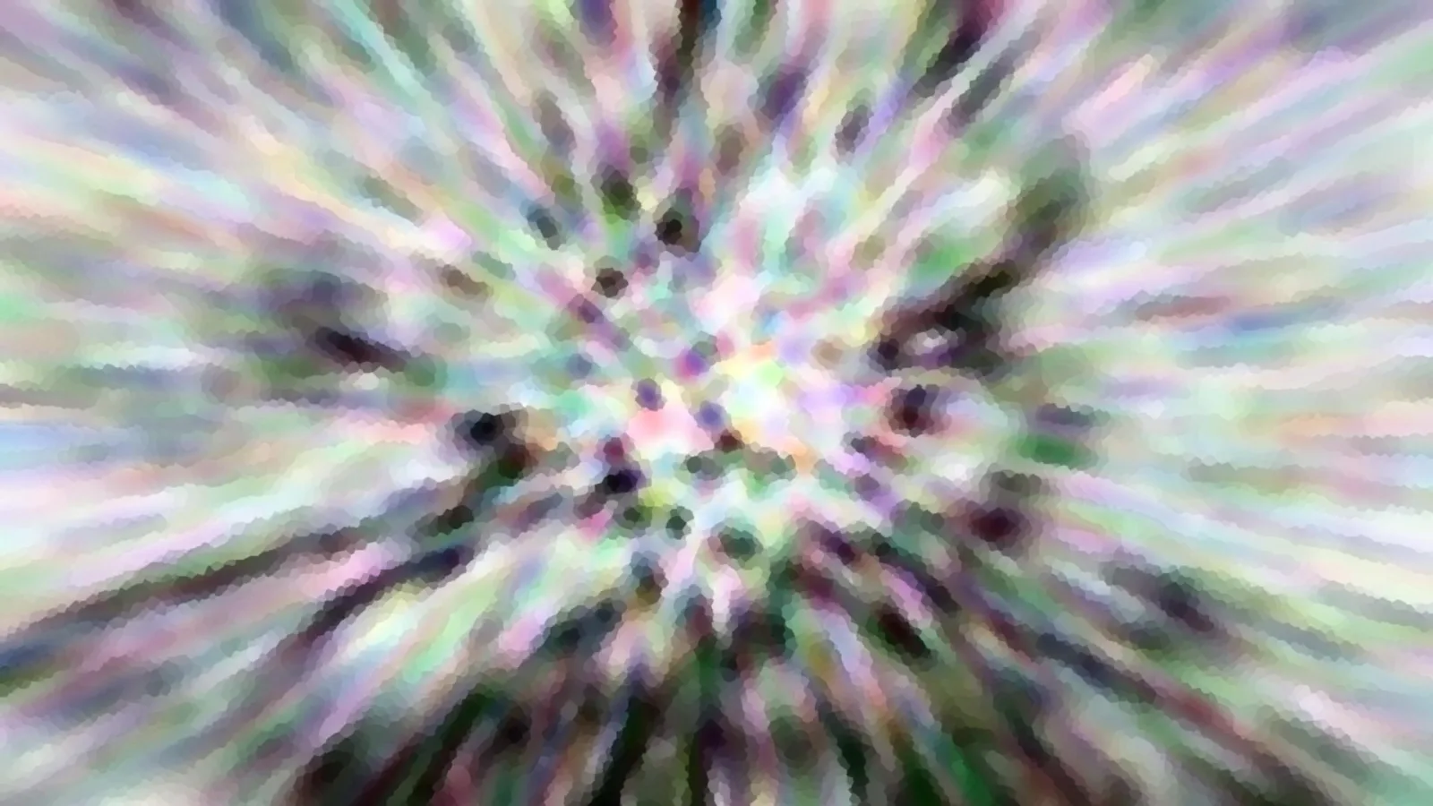Abstraktes Bild mit radial von der Mitte nach außen verlaufenden, verwischten Streifen in Pastellfarben wie Rosa, Grün, Lila und Weiß, dazwischen dunkle Punkte.