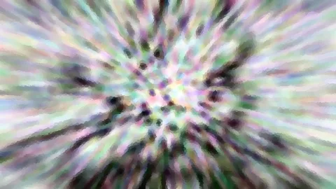 Abstraktes Bild mit radial von der Mitte nach außen verlaufenden, verwischten Streifen in Pastellfarben wie Rosa, Grün, Lila und Weiß, dazwischen dunkle Punkte.