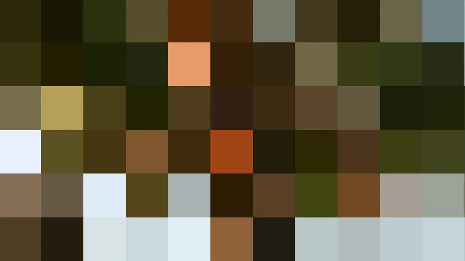 Pixeliges Mosaik aus Farbblöcken in Oliv, Braun und Dunkelgrün, am Rand hellblaue Felder und ein orangefarbener Block.