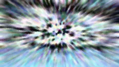 Abstraktes Bild mit radial von der Mitte nach außen laufenden Strahlen in Violett, Grün, Blau und Weiß, die in kleine blockartige Mosaikstücke zerfallen. Im Zentrum sind dunkle Punkte zu sehen.