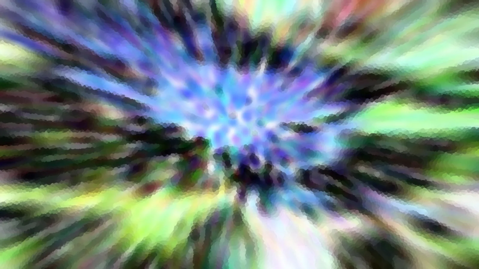 Abstraktes Bild mit radial von der Mitte nach außen laufenden Streifen in Blau, Lila, Grün und Weiß, auf schwarzem Grund, mosaikartig verpixelt.