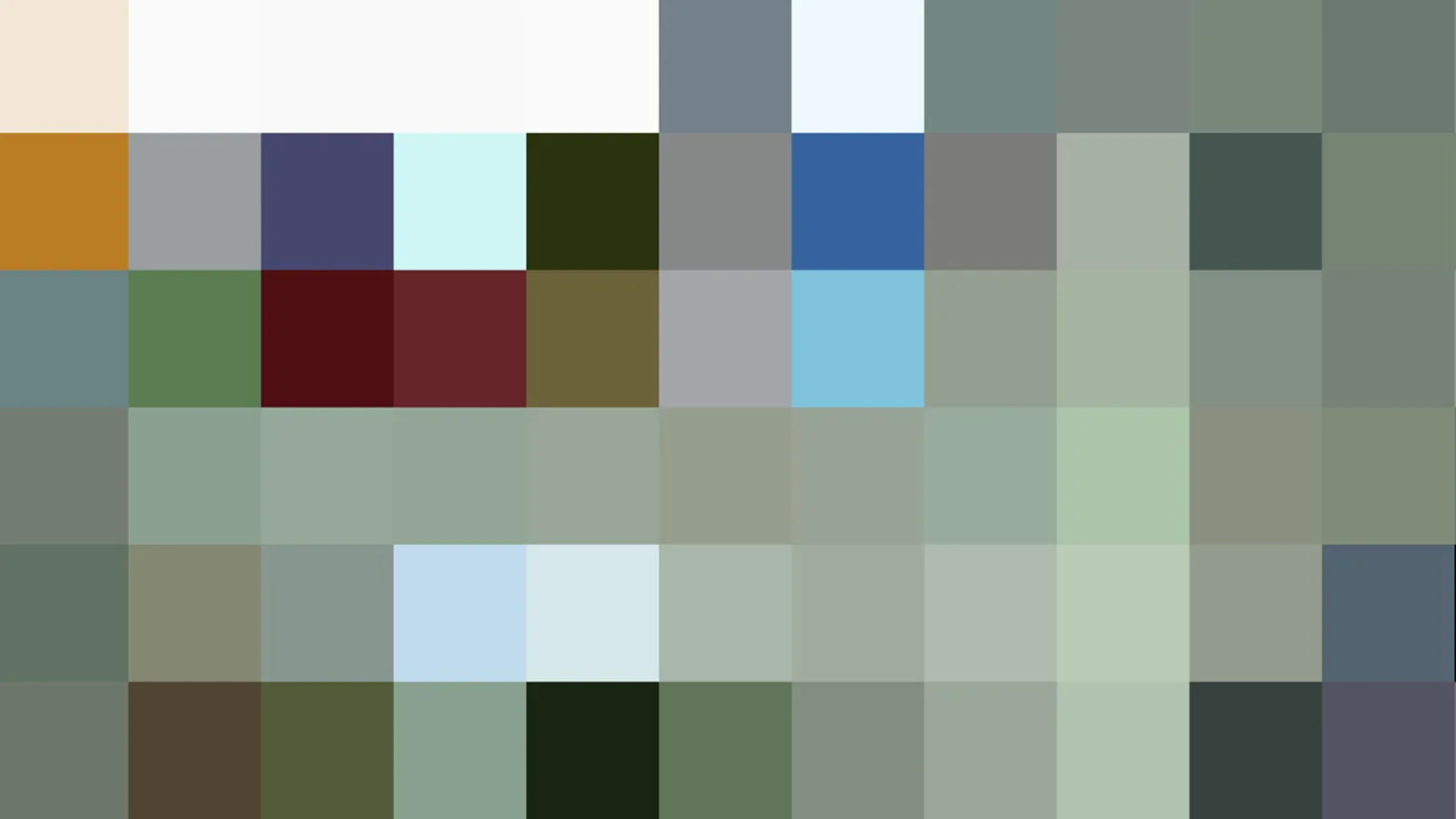 Abstraktes Mosaik aus kleinen Farbfeldern in Grün, Grau, Weiß, Blau und Dunkelrot.