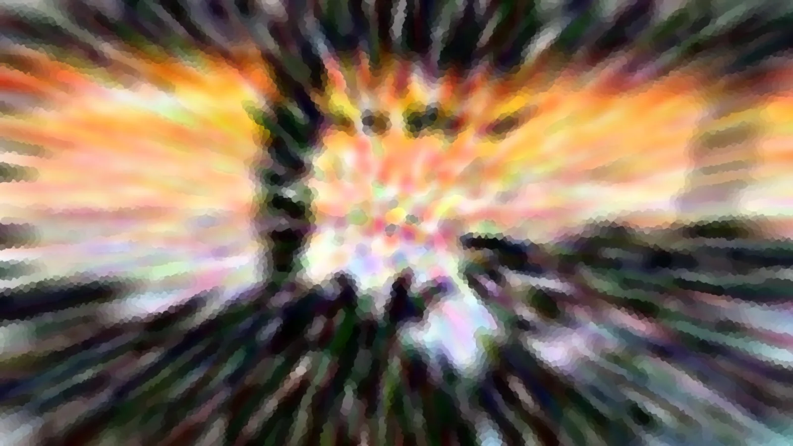 Stark verwischtes, radial ausstrahlendes Bild mit orangegelbem Himmel, grünen und dunklen Schlieren und pixeligen Farbflecken im Zentrum.