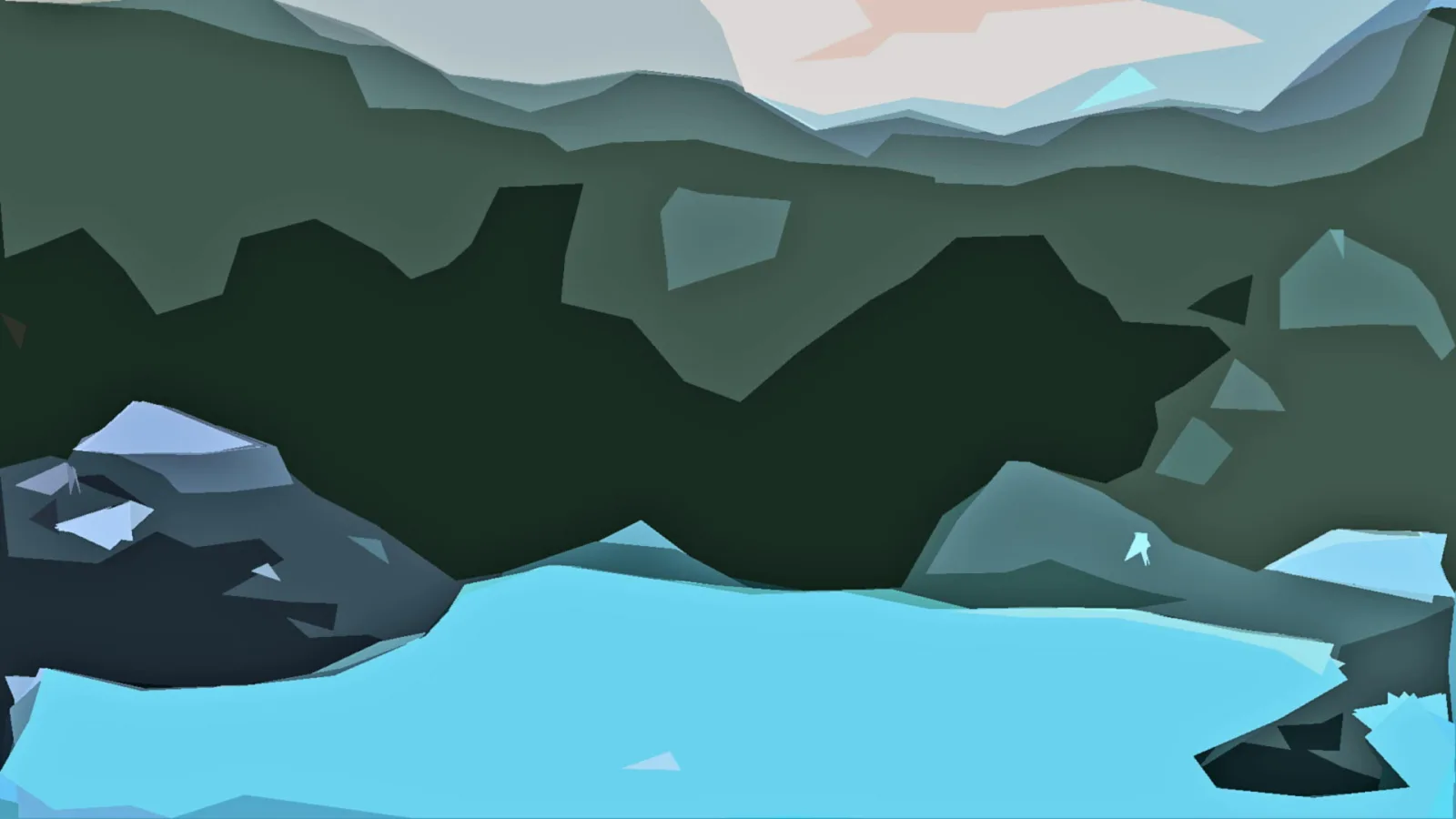 Digitale Illustration einer Landschaft im Low-Poly-Stil: vorne ein türkisblauer See, dahinter dunkelgrüner Wald, graue Felsen und ein blassrosa Himmel.