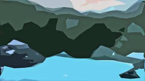 Digitale Illustration einer Landschaft im Low-Poly-Stil: vorne ein türkisblauer See, dahinter dunkelgrüner Wald, graue Felsen und ein blassrosa Himmel.