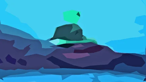 Abstrakte Low-Poly-Landschaft mit einem dunkelgrünen Felsen vor hellblauem Himmel, violetten Hügeln und blauem Wasser im Vordergrund.