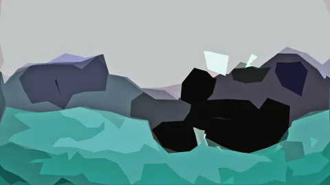 Abstrakte Landschaft aus flachen Polygonen: graue Himmelsfläche, violett-graue Berge, schwarze Formen und türkisfarbener Vordergrund.