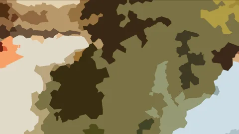 Abstraktes Muster aus unregelmäßigen, zackigen Flächen in Braun-, Oliv-, Creme- und Orangetönen, dazu einzelne hellblaue Felder am unteren rechten Rand.
