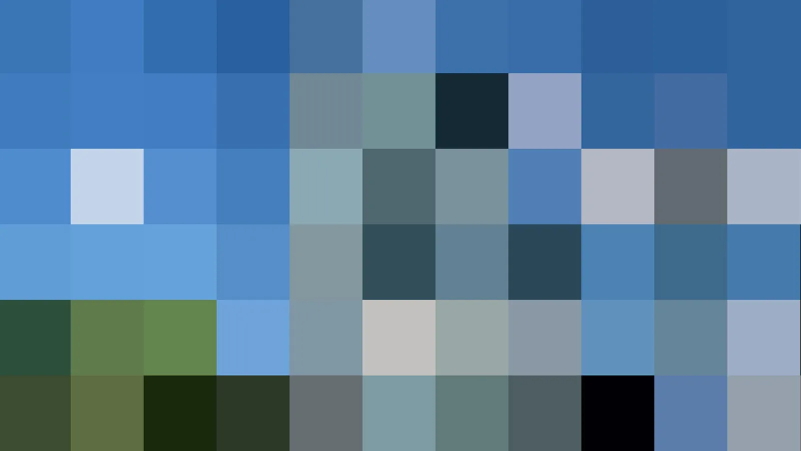 Raster aus großen quadratischen Pixelfeldern in Blau-, Grau- und Grüntönen, unten einige dunkle und grüne Felder.