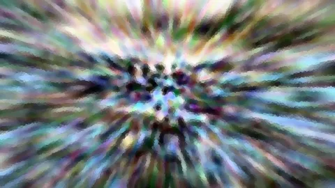 Abstraktes Bild mit radial von der Mitte nach außen laufenden Farbstreifen in Grün, Blau, Violett und Weiß, grob gepixelt, im Zentrum dunkle Punkte.