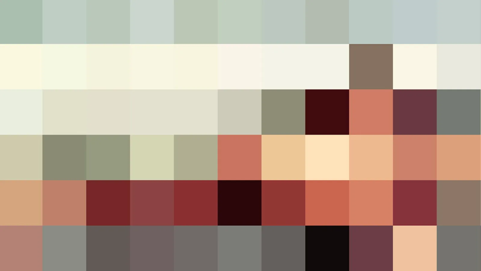 Abstraktes Rasterbild aus farbigen Quadraten in Grün, Creme, Ocker, Rot und Braun, in Zeilen angeordnet.