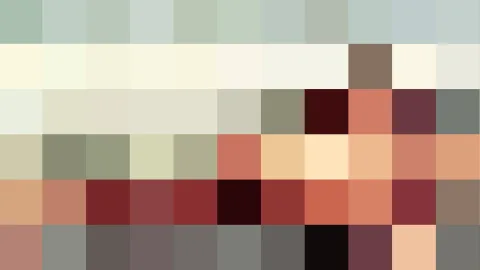 Abstraktes Rasterbild aus farbigen Quadraten in Grün, Creme, Ocker, Rot und Braun, in Zeilen angeordnet.