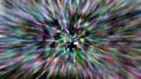 Abstrakte Komposition aus bunten Schlieren in Violett, Grün und Blau, die radial von einem dunklen Zentrum nach außen verlaufen.