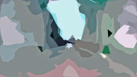 Abstrakte Komposition aus unregelmäßigen Flächen in Hellblau, Grau, Rosa und Dunkelgrün, mit einer großen hellen Form in der Mitte oben.