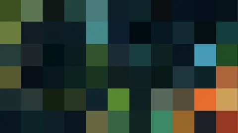 Ein Raster aus quadratischen Farbfeldern in Grün, Petrol, Dunkelblau, Blau, Orange und Ocker, die ein abstraktes Mosaik bilden.