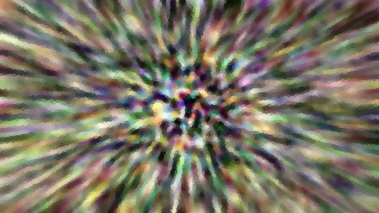 Bunte Farbstrahlen laufen radial von einem hellen Zentrum nach außen, verwischt und mosaikartig gepixelt.