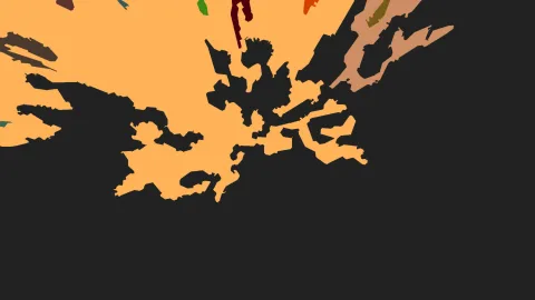 Abstrakte Komposition aus orangefarbenen, roten und braunen Flächen mit unregelmäßigen Rändern auf dunklem, fast schwarzem Hintergrund.
